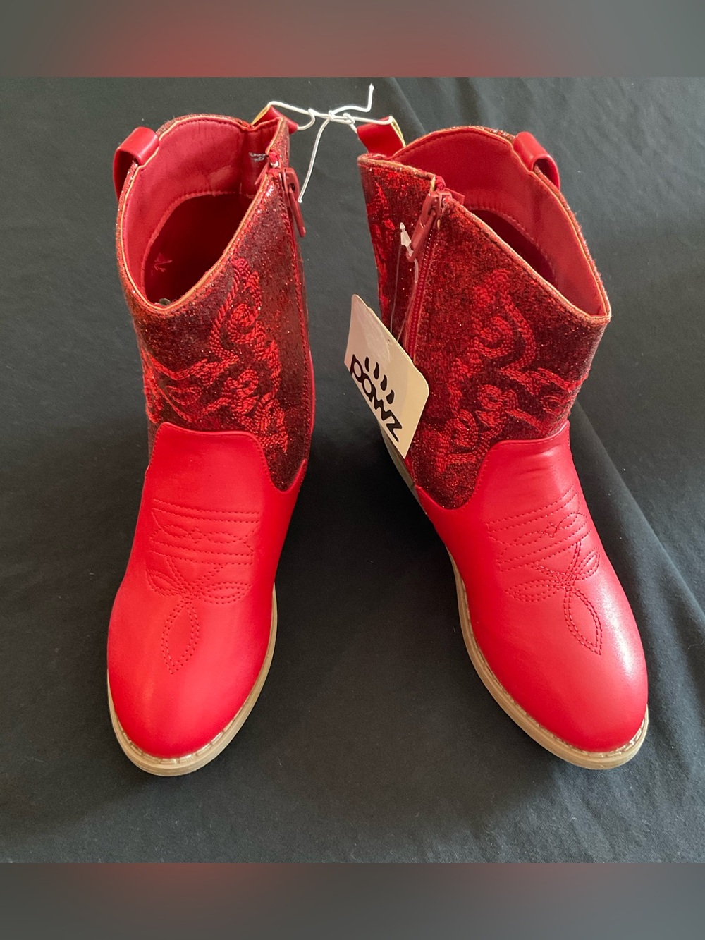 NWT PAWZ Girls Red Sparkle Glitter Western Cowboy Boots Side Zip Girls Sz 3